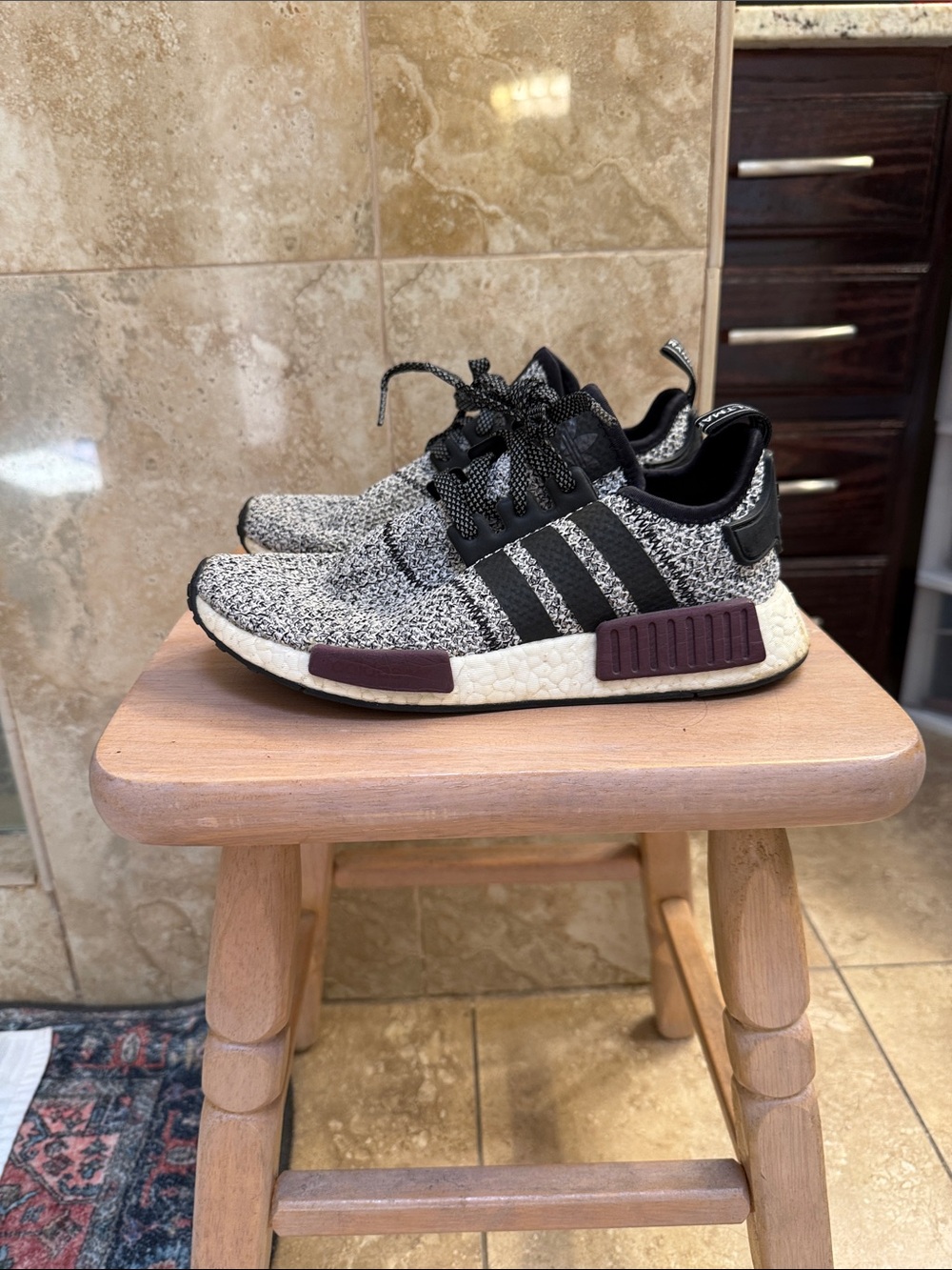 adidas Black & White Primeknit Sneakers with Burgundy Accents